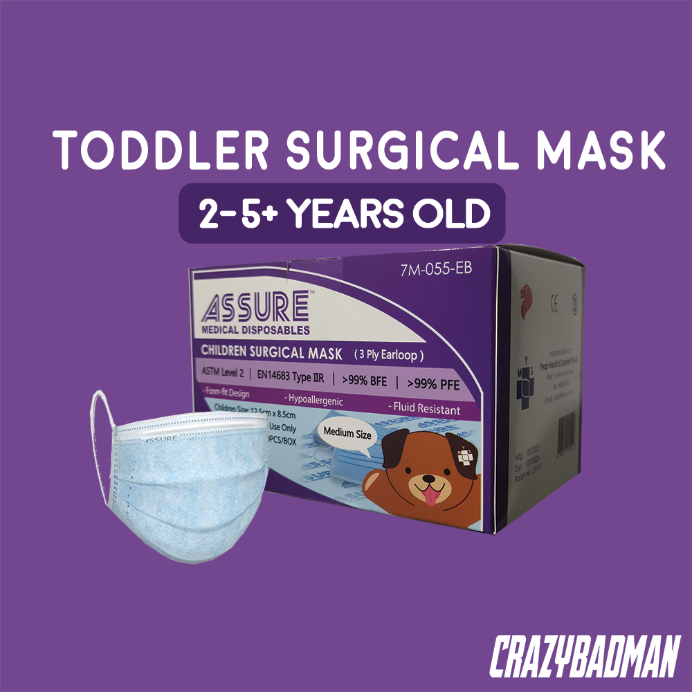 ASSURE Surgical Face Mask for Child, Children, Kids and TODDLER 3-Ply Earloop, Medium Size (12.5cm x 9.5cm), 50 Pcs/Box bundle